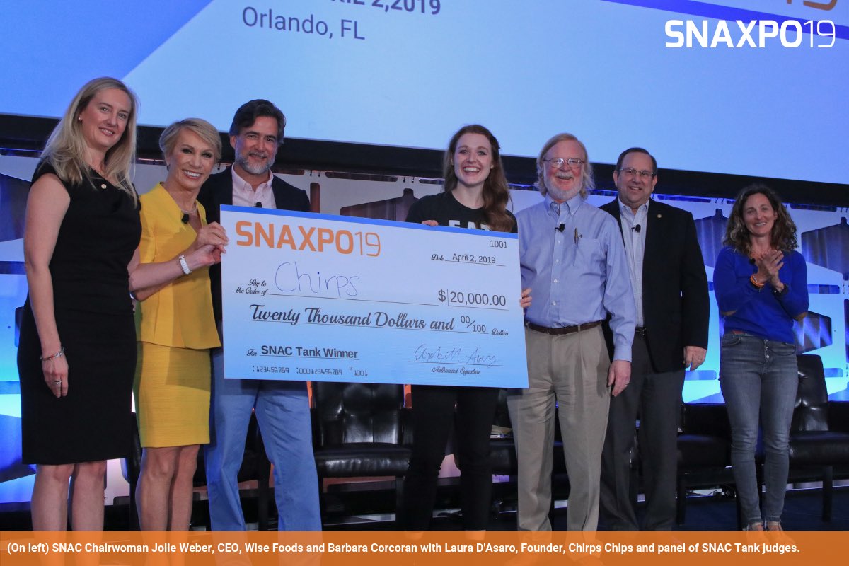 .<a href="/EatChirps/">Chirps</a> won the first-ever “SNAC Tank” pitch competition, taking home the $20k grand prize. More from Chirps Founder Laura D’Asaro and the competition: snacintl.org/news/latest-he…