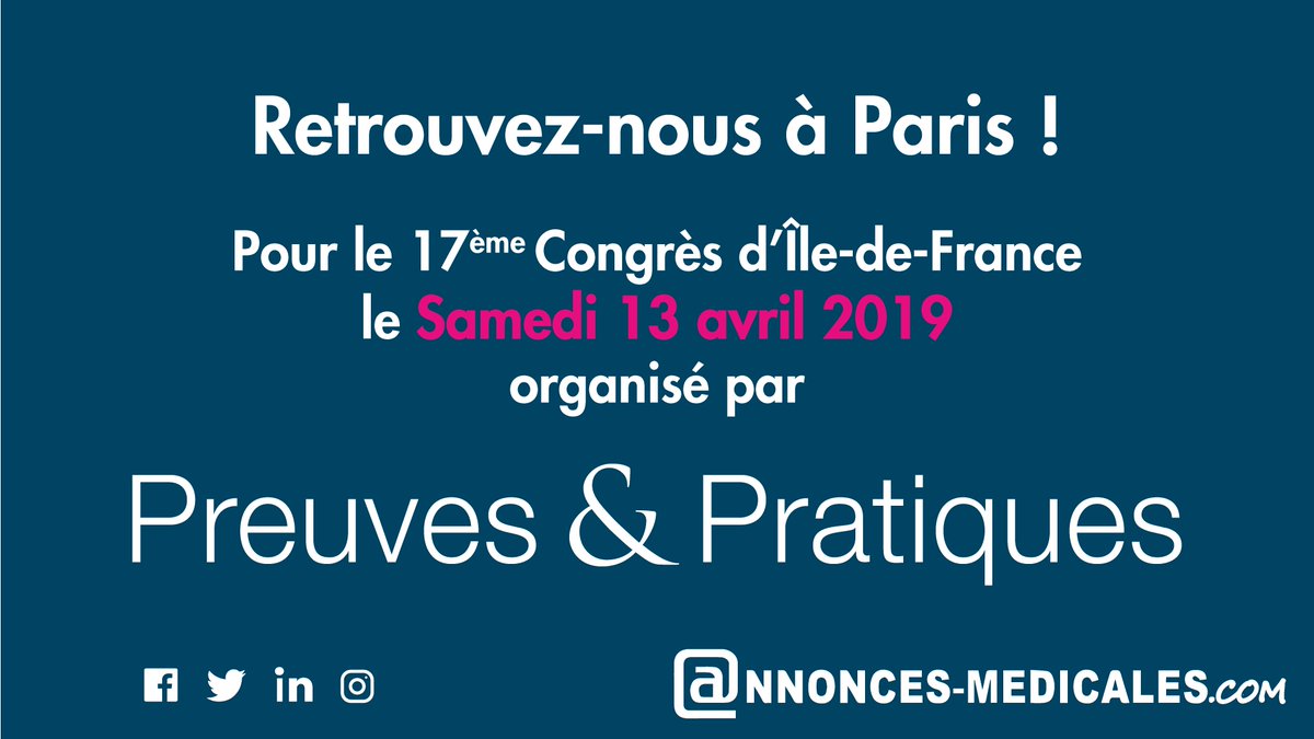 Samedi prochain nous serons au Palais des Congres de Paris Porte Maillot à l'occasion du congrès organisé par notre partenaire <a href="/Preuvesetpratiq/">Preuves & Pratiques</a> 🥰

Découvrez nos annonces pour médecins généralistes 👇
➡️ bit.ly/2QL32as

#Médecin #Santé #Congrès