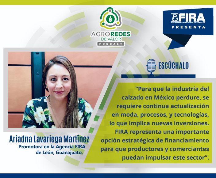 FIRA_Mexico's tweet photo. Escucha el #podcast de FIRA en esta emisión a Adriana Lavariega con el tema Oportunidades de negocio en la red cuero calzado en México, visita https://t.co/j5yzfehhKa https://t.co/2iNiKJsFOH