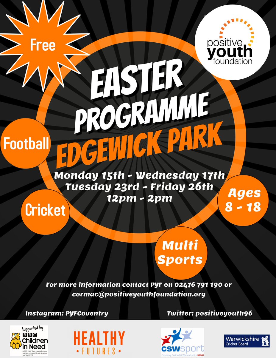 positiveyouthUK's tweet photo. This Easter we will be in 3 parks across Coventry providing free multi-sports sessions for all young people aged 8 - 18 #Edgewick #WarMemorial #MorrisCommon Please share with all young people in your communities #healthyfutures #PYFinthePark https://t.co/GpBjzed9uW