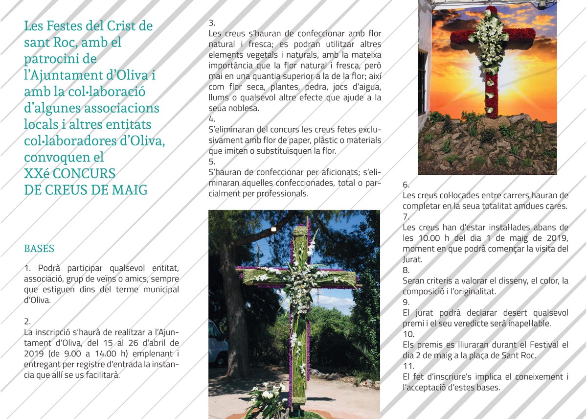 GentdOliva's tweet photo. La Junta de Fiestas del Santísimo Cristo de San Roque, con la colaboración de la concejalía de Fiestas del @AjuntamentOliva, ha convocado un año más el tradicional Concurso de las Cruces de Mayo. La inscripción se puede realizar del 15 al 26 de abril. #CrucesdeMayo #CristoOliva https://t.co/ZklY5XYQ20