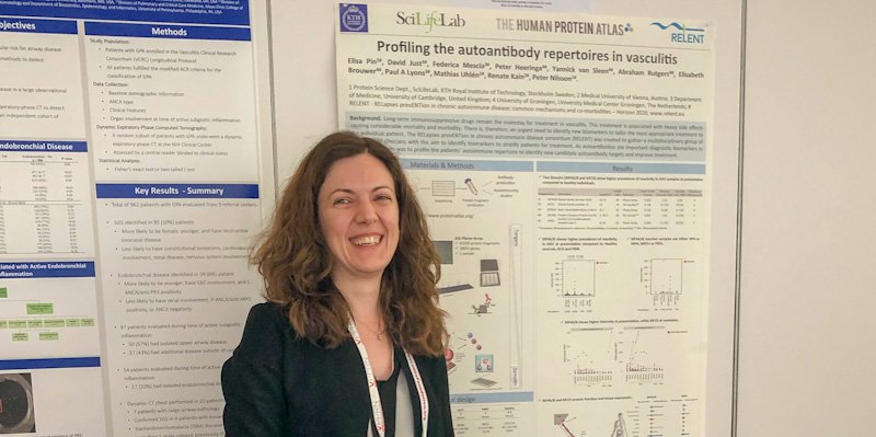 RELENT_EU's tweet photo. Another great #PosterPresentation at the 19th International #Vasculitis and #ANCA Workshop in Philadelphia, USA: Elisa Pin from KTH Royal Institute of Technology (Sweden) presenting her work on autoantibodies in vasculitis. #RELENT_EU #Vasculitis2019 #SciLifeLab https://t.co/QYC2XEIfyW