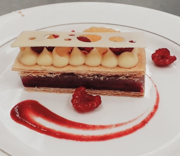 MylesColby1's tweet photo. Our pastry chef has been busy cooking up this little gem today, White chocolate, raspberry and grapefruit millefeuille.... yummo! @elioruk @peterjoyner @DFradgers @AndyFergy39 @MarcRichards99 #TeamElior #EliorFoodie https://t.co/6FH114sq2t
