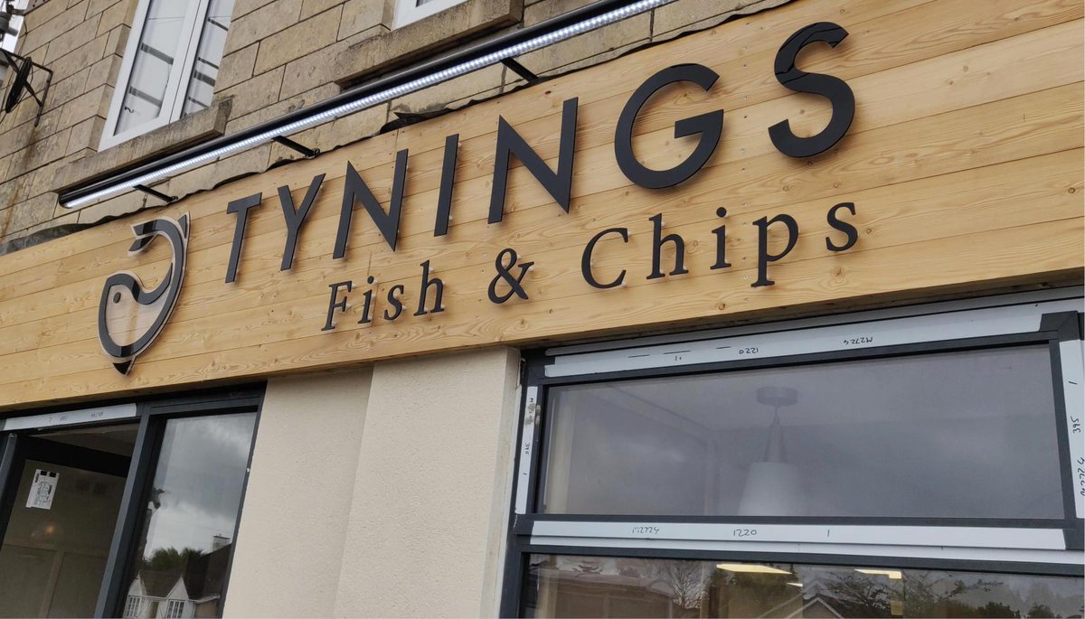 Slimline powder coated #throughlight, logo mounted onto a clear acrylic back plate + 5mm #acrylic letters fit with locators, supplied and fit for Tynings Fish &amp; Chips #fascia #signage