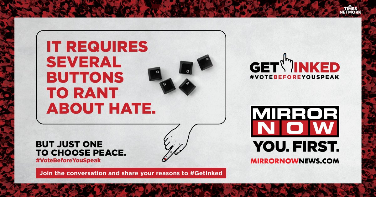 MirrorNow's tweet photo. This elections, #VoteBeforeYouSpeak. Join MIRROR NOW's campaign & share your reasons to #GetInked!
#IndiaVotes #LokSabhaElections2019 #SocialIntolerance https://t.co/2JYkQSmR6s