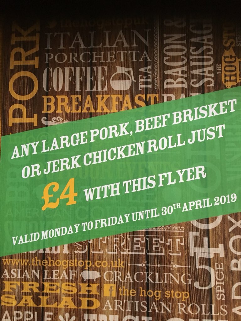 thehogstopuk's tweet photo. We are now 5 years old so all our large pork,beef and chicken rolls are just £4.Just show the voucher when ordering. https://t.co/njnbKNW7Bm