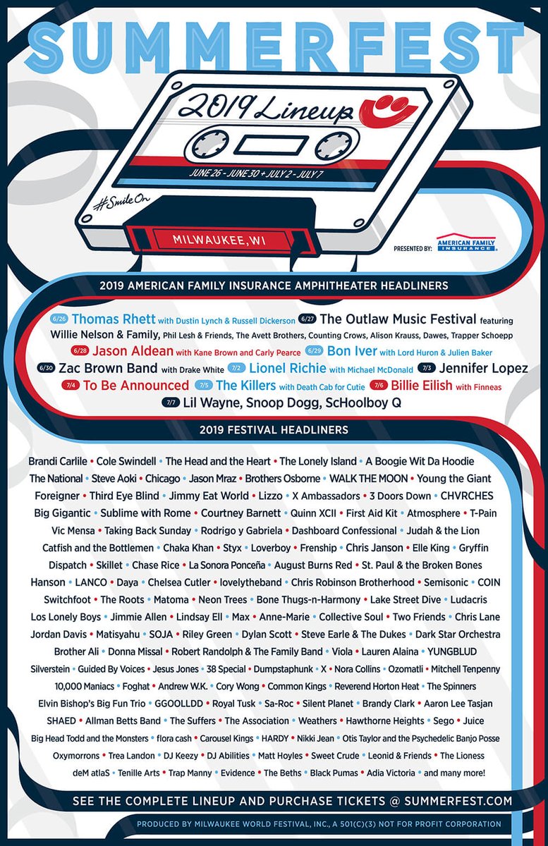 Summerfest (@summerfest) on Twitter photo Here's your 2019 Summerfest presented by <a href="/amfam/">American Family Insurance</a> lineup! See the lineup at summerfest.com/2019-lineup/ #Summerfest #SmileOn Here's your 2019 Summerfest presented by <a href="/amfam/">American Family Insurance</a> lineup! See the lineup at summerfest.com/2019-lineup/ #Summerfest #SmileOn