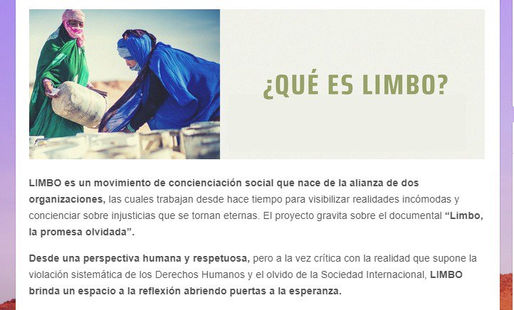 ¿QUÉ ES LIMBO?
Os invitamos a conocer "Limbo, la promesa olvidada" y la dramática situación que vive el #PuebloSaharaui. 🇪🇭
Para saber más puedes cooperar en:
es.ulule.com/limbolapromesa/
#SaharaLibre #SaharaOccidental #FreeWesternSahara #SaharaVisible