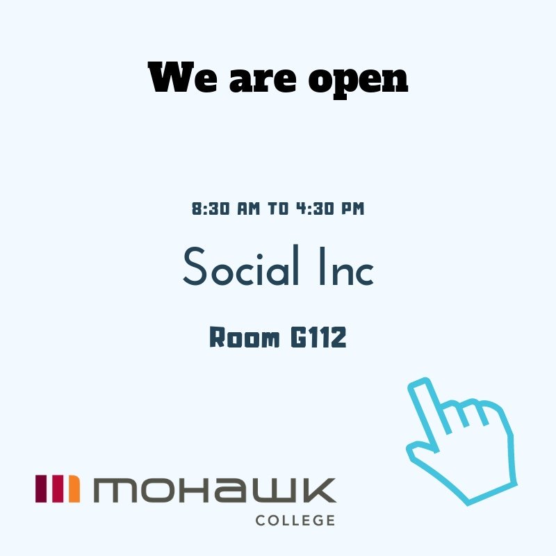 socialincmohawk's tweet photo. We are open today (Tuesday) from 8:30 am until 4:30 pm. #SocialInc is a place where everyone is welcome. Come take a walk to room G112 @MohawkCollege . You can study in a nice quiet place or just chill (or warm up). We are just down the hall from the @MSAmohawk https://t.co/kbXgdtPuwR