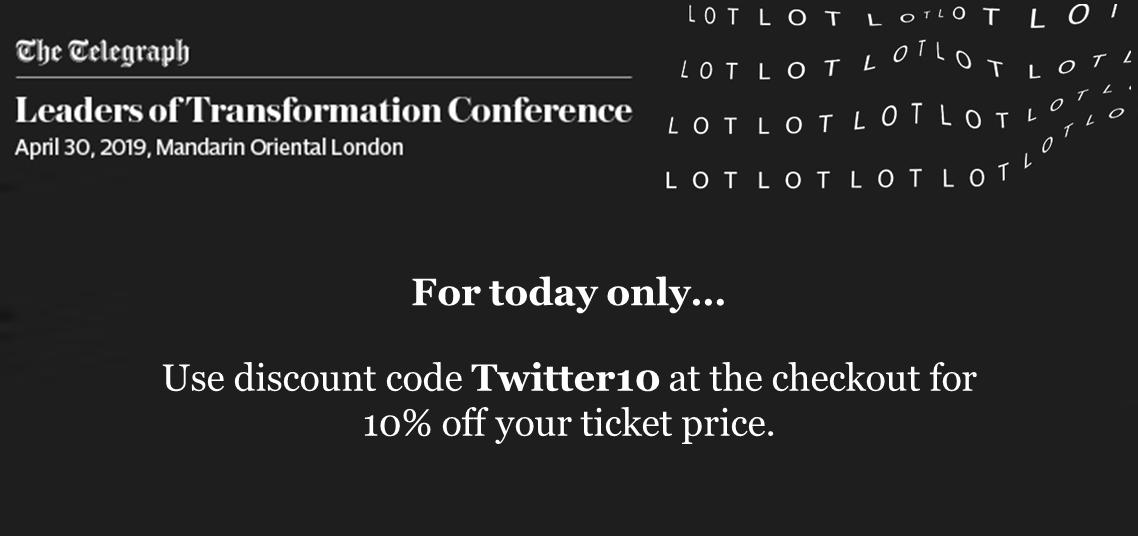 EventsTelegraph's tweet image. For today only, here’s a 10% discount on your Leaders of #Transformation tickets.

Proving a popular event among #TransformationExperts across a range of industries, the #LondonConference is not to be missed!

bit.ly/2uXlpj6 #TelegraphLOT #Tech #Transform #Agile