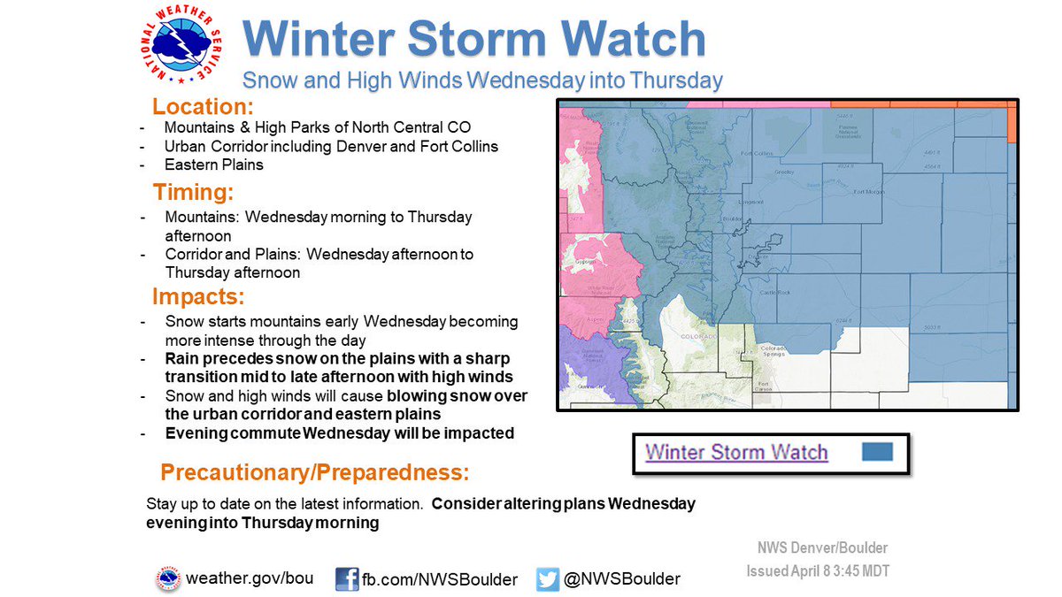NWSBoulder's tweet image. Winter storm Wednesday and Thursday. Stay tuned into the latest information. Consider alternate plans for Wednesday into Thursday. #cowx