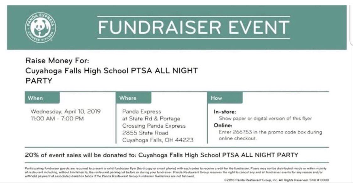 2019exec's tweet image. Help raise money for the senior all night party by supporting the PTA at Panda Express, April 10th!
