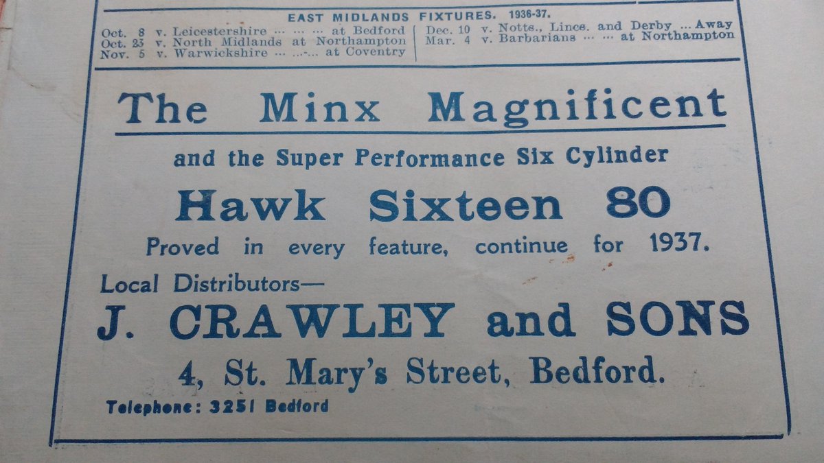 Rugbyreplay's tweet photo. A must have motor car of 1936 was the Hillman Minx Magificent, advertised here in the @BedfordBluesRFC v St Mary's Hospital #rugbyprogramme of that year. Priced from £159 to £190 depending on body style it had an optional folding luggage grid for £2 7s 6d https://t.co/EKe98muWNA