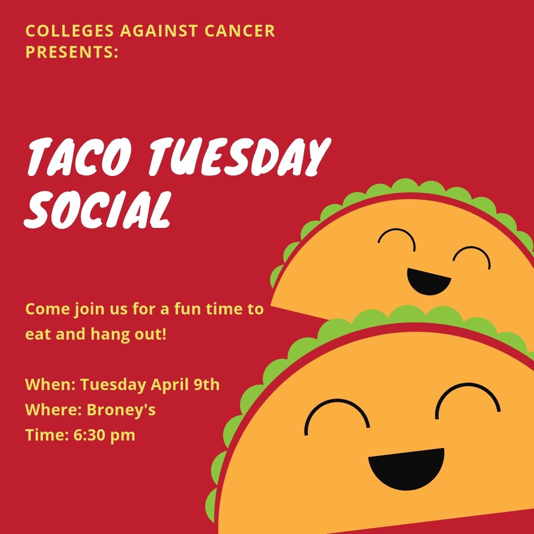 CAC_OU's tweet photo. Who doesn’t love tacos? Come join us tonight at 6:30 at Broney’s to eat and hang out! We look forward to seeing you all there! 💚🌮 https://t.co/WIdQXOMNbn