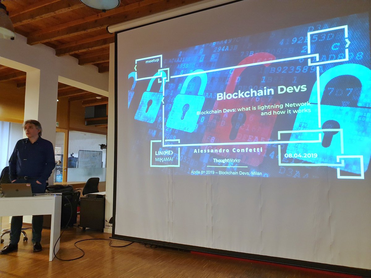 MatteoMacchi's tweet photo. What is #LightningNetwork and how it works. A great talk by @zigolab and #BlockchainDevsMilano.
#Bitcoin will have a layer 2 to handle  instant payments, micropayments, transaction volumes scalability using multi-party #SmartContracts based on bitcoin's built-in scripting. https://t.co/EwaSYTqNmv