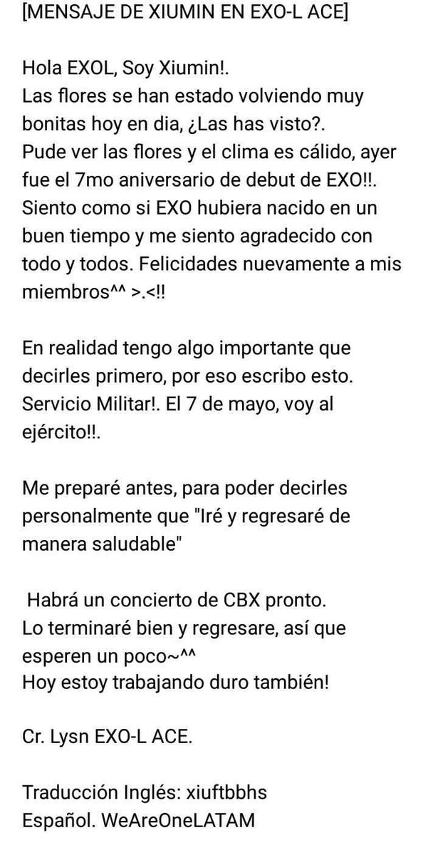 [MENSAJE DE XIUMIN EN EXO-L ACE]

"Iré y Regresaré de manera Saludable" 

*El mensaje fue publicado en cuanto se confirmó la noticia de su Alistamiento militar

😢

<a href="/weareoneEXO/">EXO</a>
#EXO #엑소 #Xiumin #Minseok