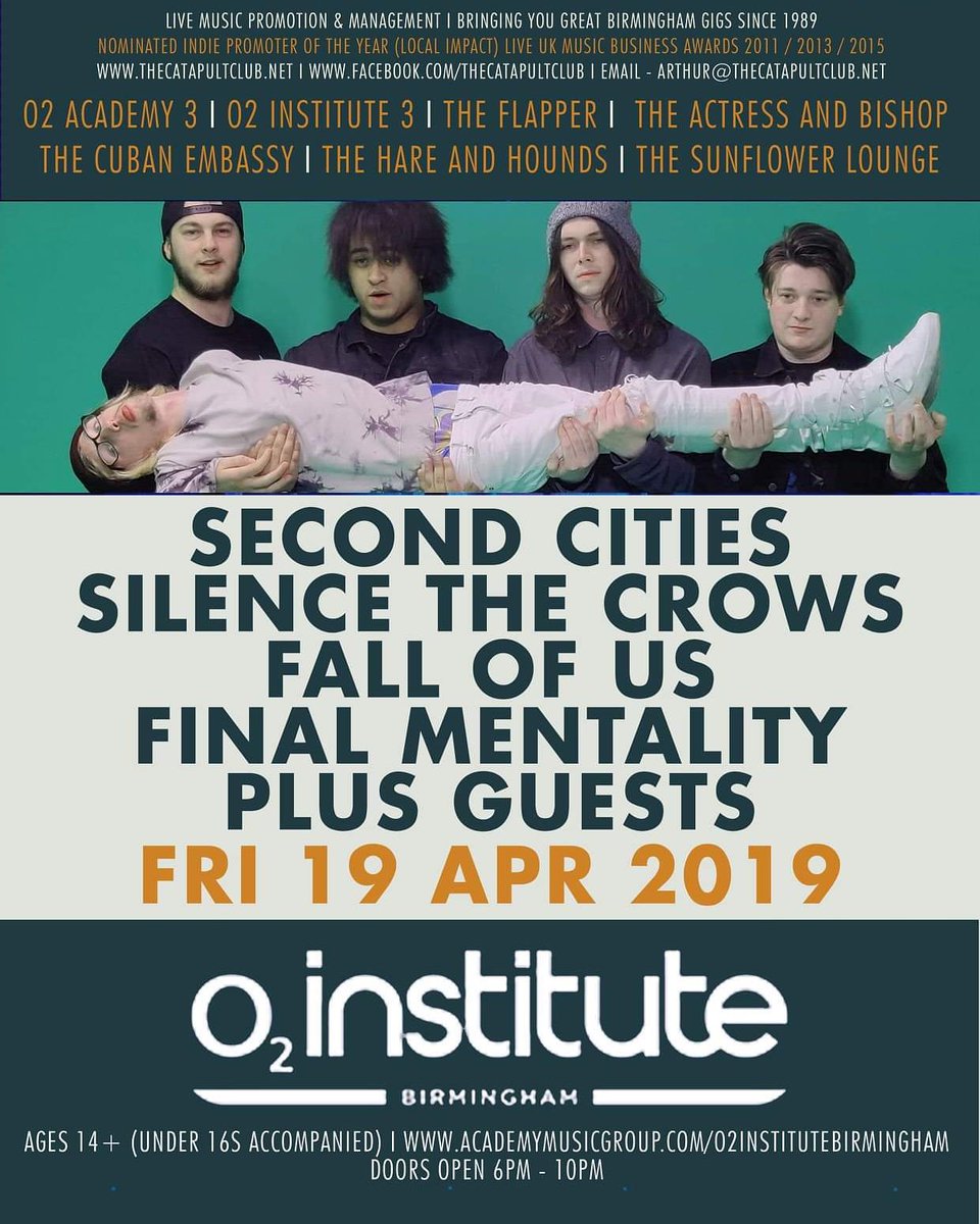 SecondCitiesUK's tweet photo. We're headlining @O2InstituteBham in 10 days ๐ come early to check out the line up its gonna be lit
๐๏ธ Second Cities๐๏ธ
#SecondCities #SilenceTheCrows #FallOfUs #FinalMentality #EnemyOfAtlas #UK #WestMidlands #Birmingham #O2Institute #April #Easter #music #LiveMusic https://t.co/m36ifxGxKZ