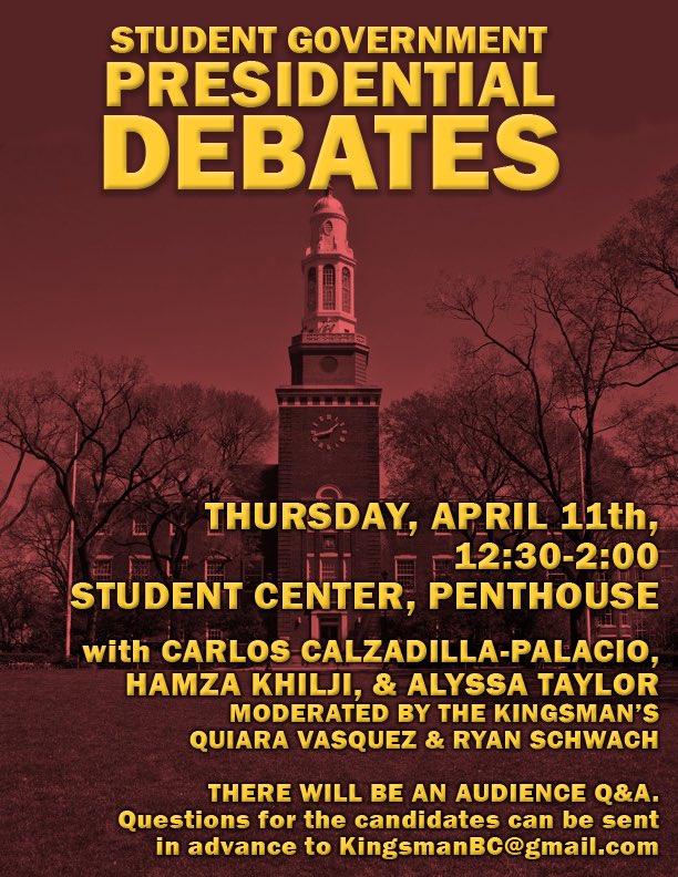 THIS THURSDAY: It’s election time, and we’re hosting candidate debates! Bring your questions and concerns to the Student Center Penthouse at 12:30 — now is your chance to speak up about student government at Brooklyn College!