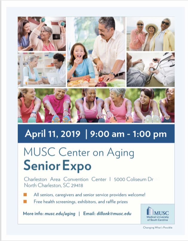2 days folks! 3rd Annual <a href="/MUSCAging/">MUSC Center on Aging</a> Senior Expo coming up on Thursday! 9am-1pm at the N. Chas Convention Center! A FREE &amp; FUN time to learn about all the great resources available for seniors!  <a href="/MUSChealth/">MUSC Health</a> <a href="/WCBD/">WCBD News 2 | Count on 2</a> <a href="/ABCNews4/">ABC News 4</a> @MUSCPR <a href="/FOX24Charleston/">FOX 24 News</a> <a href="/postandcourier/">The Post and Courier</a> <a href="/HolyCitySinner/">Holy City Sinner</a>