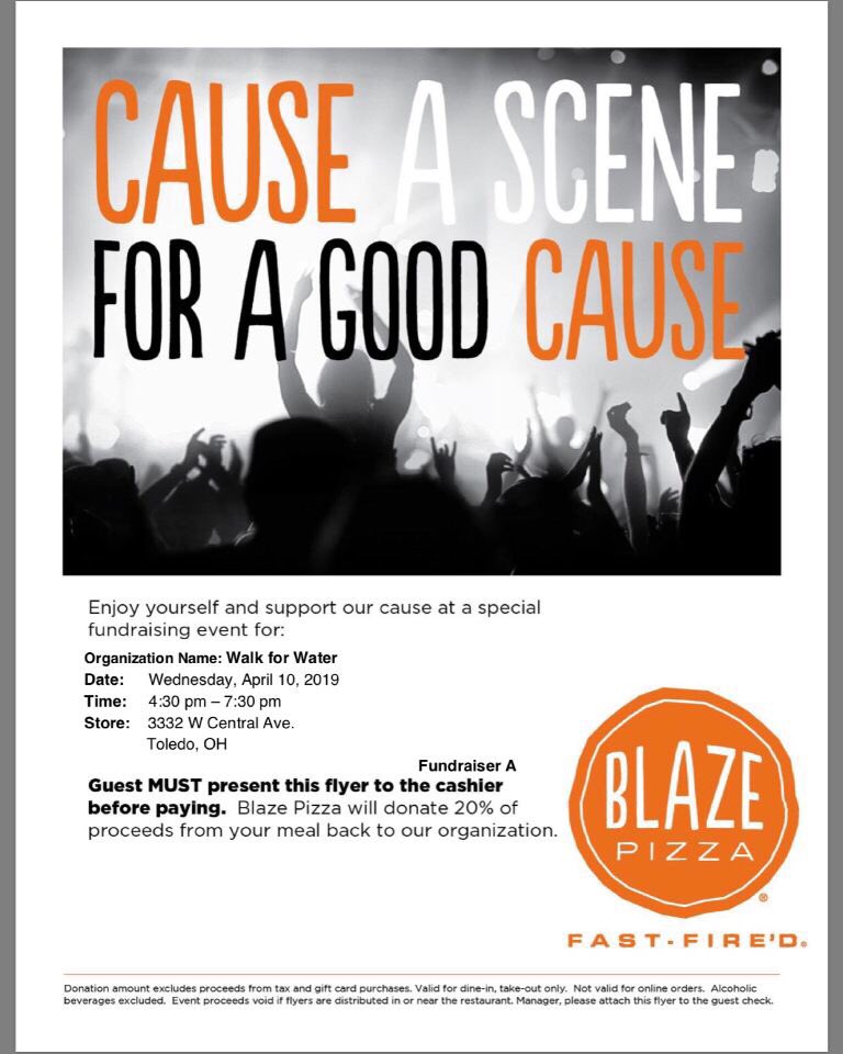 WalkforWaterUT's tweet photo. Looking for a fun dinner option? Visit Blaze Pizza on Central tomorrow, April 10th from 4:30-7:30pm and 20% of proceeds from your meal will support Walk for Water! Just show them this flyer either printed or on your phone when you order 🍕💧 https://t.co/aAkv2iAOqu