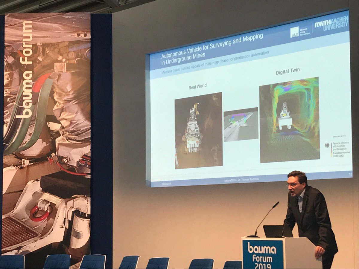 im_mining's tweet image. Dr Thomas Bartnitzki from @RWTH #Aachen&apos;s Institute for #AdvancedMining #Technologies giving us the current state of research in #digitaltwins, #5G &amp;amp; #batteryelectric #mining at @baumaOfficial including info on its role in the @SIMSmining project #futureofmining #smartmining