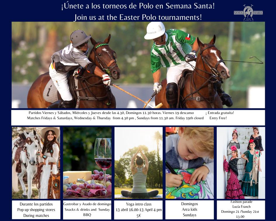 Todo el mundo está invitado a disfrutar de una Semana Santa de Polo!entrada libre y un increíble shopping durante los partidos, además de otras actividades.
No te lo pierdas!#santamariapoloclub #marbellalifestyle #costadelsol #sotogrande #sanroque #estepona #manilva