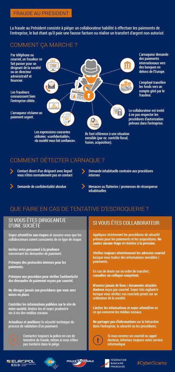 🔐#Cybersécurité : La #Fraude au #President consiste à usurper l’identité d’un des dirigeants pour obtenir le paiement d’une somme d’argent par le biais d’un virement.  

⚠ Soyez vigilant et suivez nos conseils sécurités 👇