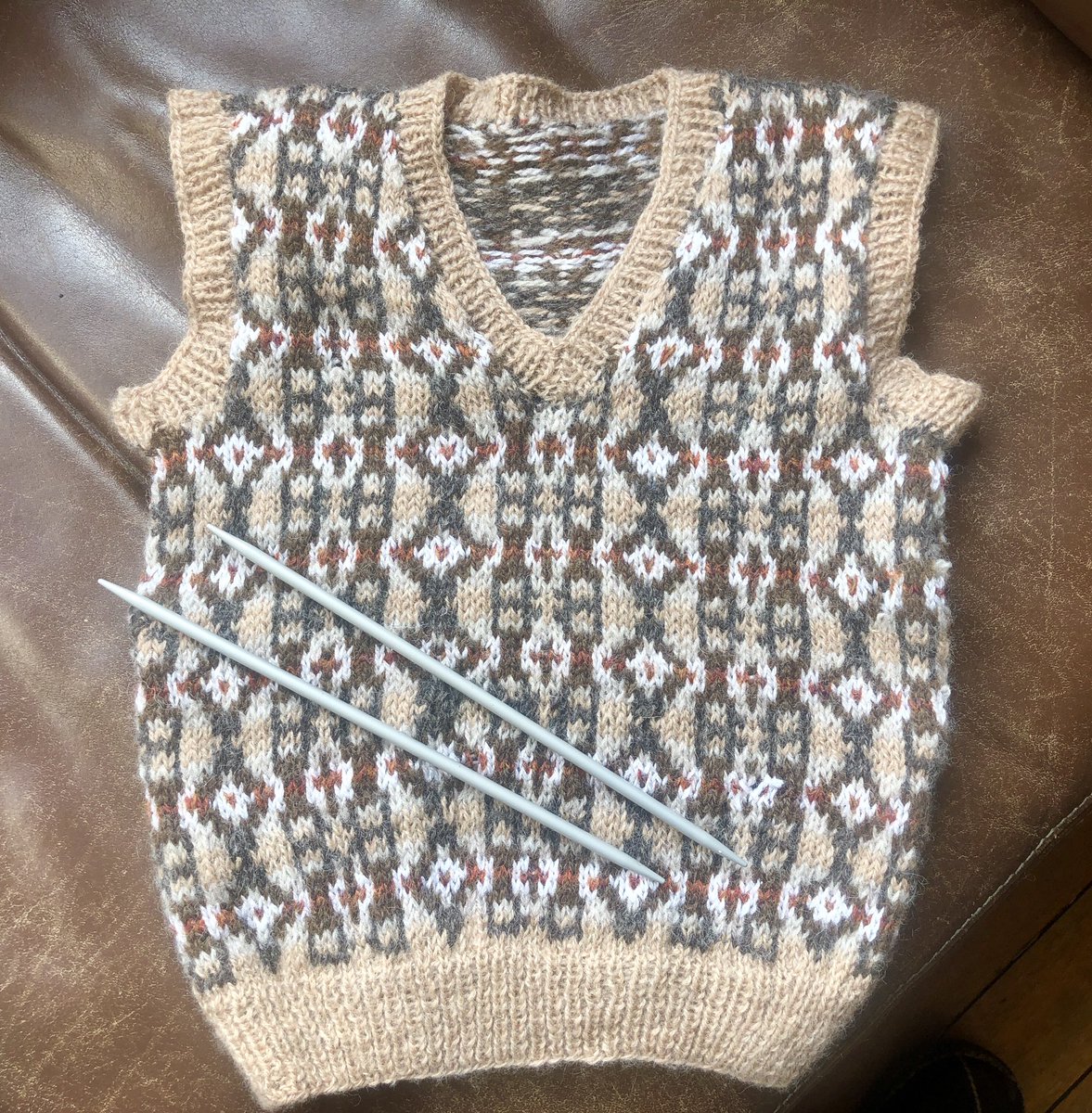 Fatigue has driven me to sit down and knit. This is a peerie mootie (very small) Fairisle pullover. I forgot how enjoyable and distracting knitting can be. So there cancer!  I may have cancer but cancer hasn’t got me yet. #Shetland #knitting #shetlandwoolweek #fairisle #