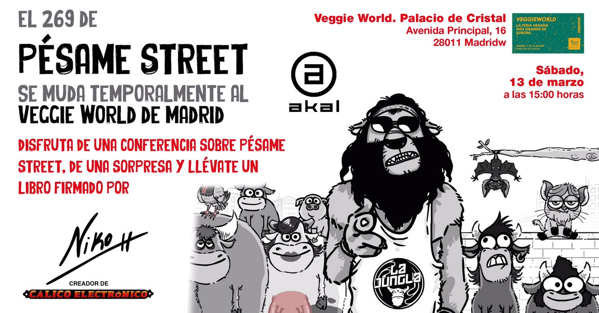 pesame_street's tweet photo. Os espero el sábado 13 a las 15h en la @VeggieWorld de Madrid de la mano de @AkalEditor
Ahí hablaré de Pésame Street, de mi libro y, si todo va bien, estrenaré una sorpresita muy SENSUAL...🙀🙀🙀
#govegan #webseries #feria #charla #veggieworld2019 #LIBRO #akalediciones https://t.co/S3xhpSFdwR