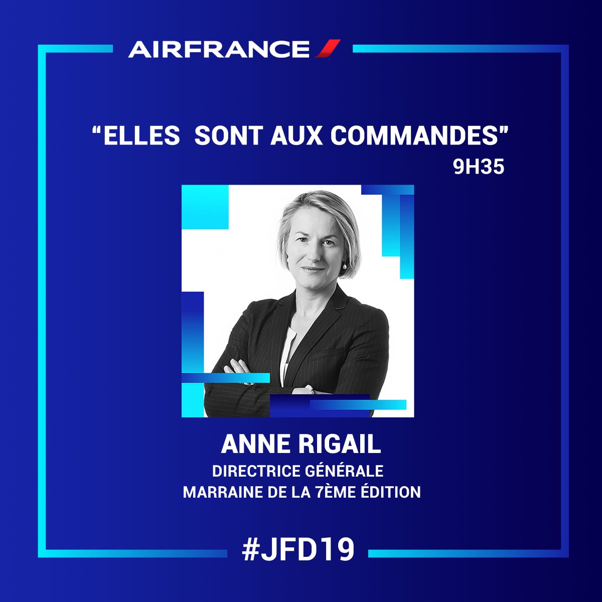 joinjfd's tweet photo. "Le rôle des femmes dirigeantes est d’ouvrir la voie, de donner envie d’oser et de susciter des vocations" : @AnneRigail marraine #JFD19 vous donne rdv le 17 avril à la @Maisondelaradio pour un atterrissage en douceur ✈️ 
@AirFranceFR partenaire officiel 
https://t.co/uJrXhuXVav https://t.co/X6B0Vy7pMV