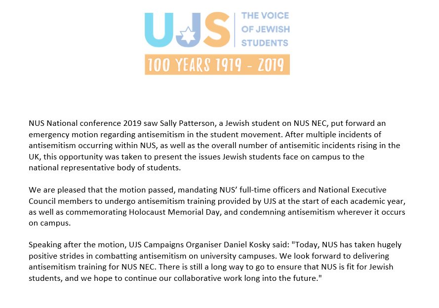 UJS_UK's tweet photo. UJS statement on the passing of a motion combatting antisemitism at NUS National Conference. #NUSNC19 #NUSConf https://t.co/2xcc6xHBdu