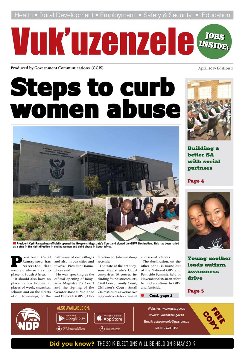 VukuzenzeleNews's tweet photo. April edition 2 of Vuk'uzenzele newspaper is out now. Read more about the Gender-Based Violence and Femicide (GBVF) Declaration and how it will fight abuse against women. https://t.co/LWyiw4NaTD #TuesdayMotivation #gbvfdeclaration https://t.co/VfiCAzSJep