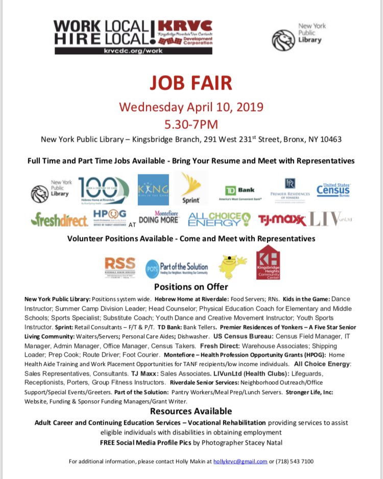 KrvcBronx's tweet photo. Tomorrow at @NYPL_KBR..don’t miss our JOB FAIR, and the #Free social media profile pics for all job seekers #Bronx #Riverdale  #Kingsbridge #MarbleHill @JeffreyDinowitz @AndrewCohenNYC @SenatorBiaggi @ydanis @RJackson_NYC @CnDelarosa @NYC_SBS https://t.co/Oa3rYWpFG7