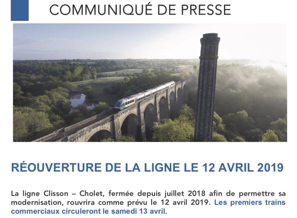 SNCFReseau's tweet photo. ℹ️📑 Réouverture de la ligne Clisson - Cholet le 12 avril

La ligne Clisson – Cholet, fermée depuis juillet 2018 afin de permettre sa modernisation, rouvrira comme prévu le 12 avril 2019.
Les premiers trains commerciaux circuleront le samedi 13 avril.

🔗 https://t.co/AYma5mwxLS https://t.co/V5QC8AFk3I