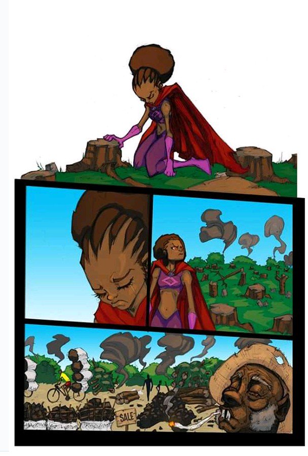 ForesightComics's tweet photo. Trees draw carbon dioxide from the air and stop carbon accumulation in the atmosphere. Deforestation eliminates one of our most valuable tools to fight #GlobalWarming & #climatechange Less Carbon = A Cooler Earth #TheFifthElement issue 01 sneak peek #Zambia #ClimateActionNow https://t.co/OvPskiegze