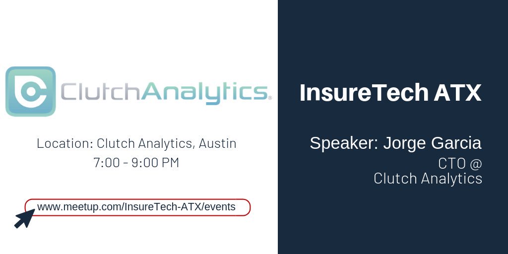 #InsureTechATX get ready for next week’s Meetup at @clutchanalytics Office| April. 18th 7:00pm. Hear from Jorge Garcia- experienced CTO at Clutch Analytics

RSVP👉 meetu.ps/e/GrmQ0/5cS54/f

#AustinTech #AustinEvents #InsureTech #Meetup