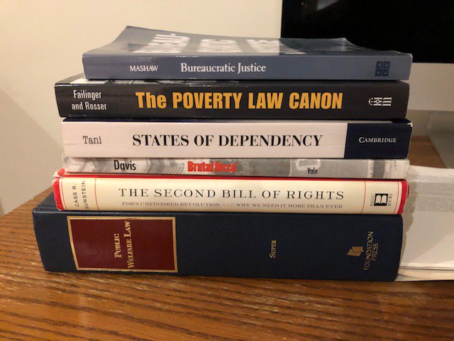 So excited to teach Poverty Law again at @UChicagoLaw this term. Even though I've got notebooks upon notebooks on this stuff, I keep poring over these books: Mashaw's, @kmtani @CassSunstein @EzraRosser @MarthaFDavis and David Super's @GeorgetownLaw casebook