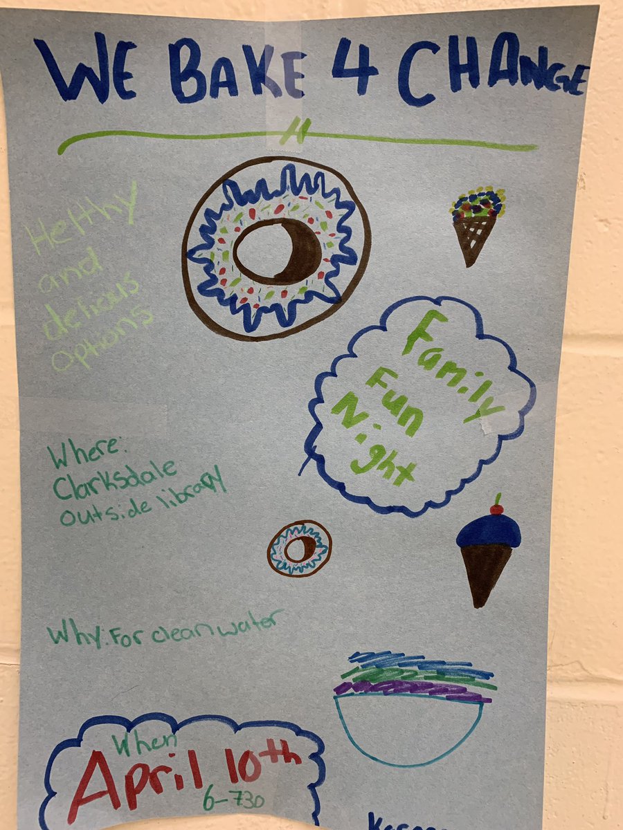 snalsok's tweet photo. Join @clarksdalehdsb 4 our Family Fun Night tomorrow (April 10th) from 6-8pm #me2we will be participating in #webakeforchange campaign to support #cleanwater initiatives to communities in need. Bring your change, enjoy our treats & fruit station, all while making a difference βοΈ https://t.co/Njw8ALl8L8