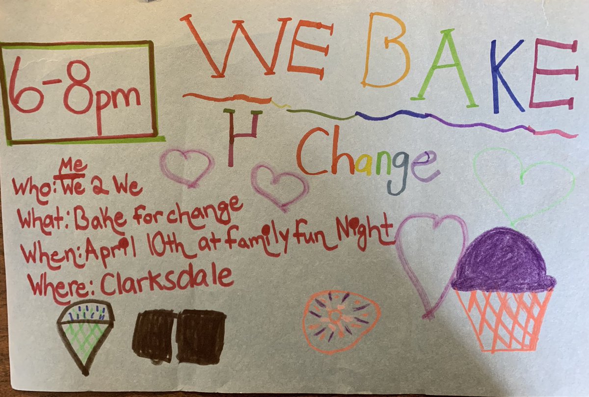 snalsok's tweet photo. Join @clarksdalehdsb 4 our Family Fun Night tomorrow (April 10th) from 6-8pm #me2we will be participating in #webakeforchange campaign to support #cleanwater initiatives to communities in need. Bring your change, enjoy our treats & fruit station, all while making a difference βοΈ https://t.co/Njw8ALl8L8