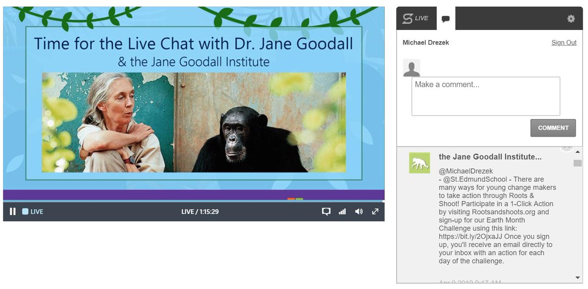 m_drez's tweet photo. YES! Thank you @RootsandShoots @JaneGoodallInst for answering our question LIVE today. We asked the @Flipgrid #StudentVoiceDay topic Question: How can kids today use their voice to change the world? #OurGlobalClassroom
#Skype2Learn #digcitLSC #edtechLSC @zelfstudie @SDGLabSchools https://t.co/P0ems5zoGZ