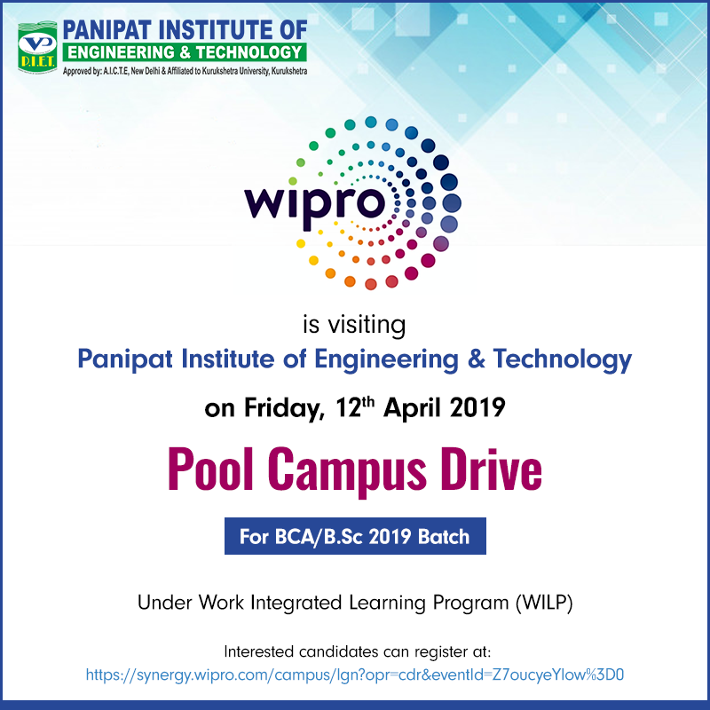 PIETPanipat's tweet photo. Panipat Institute of Engineering & Technology is delighted to announce that #WIPRO is visiting #PIET on 12th April 2019 for Pool Campus Placement Drive.
Eligibility: BCA/B.Sc Students Batch 2019
Registration Link: https://t.co/9VgJUP3iOp
#PIETPanipat #YesPIET #PoolCampusDrive https://t.co/n9CzFAEAje
