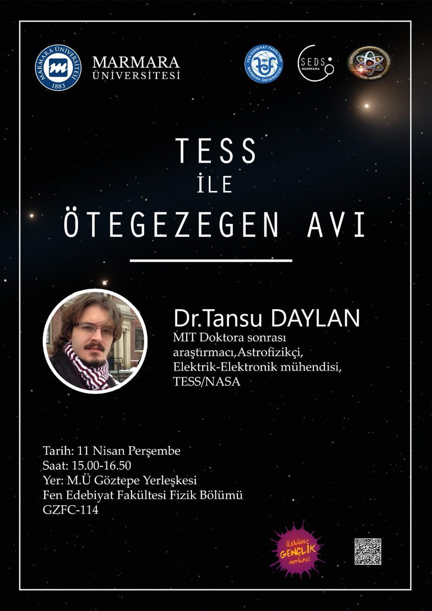 Fizik Bölümü ve SEDS Marmara Kulübü iş birliğiyle ve Dr.Tansu DAYLAN'ın katılımıyla gerçekleştireceğimiz 11 Nisan 2019 tarihli "Tess İle Ötegezegen Avı" etkinliğimize davetlisiniz.