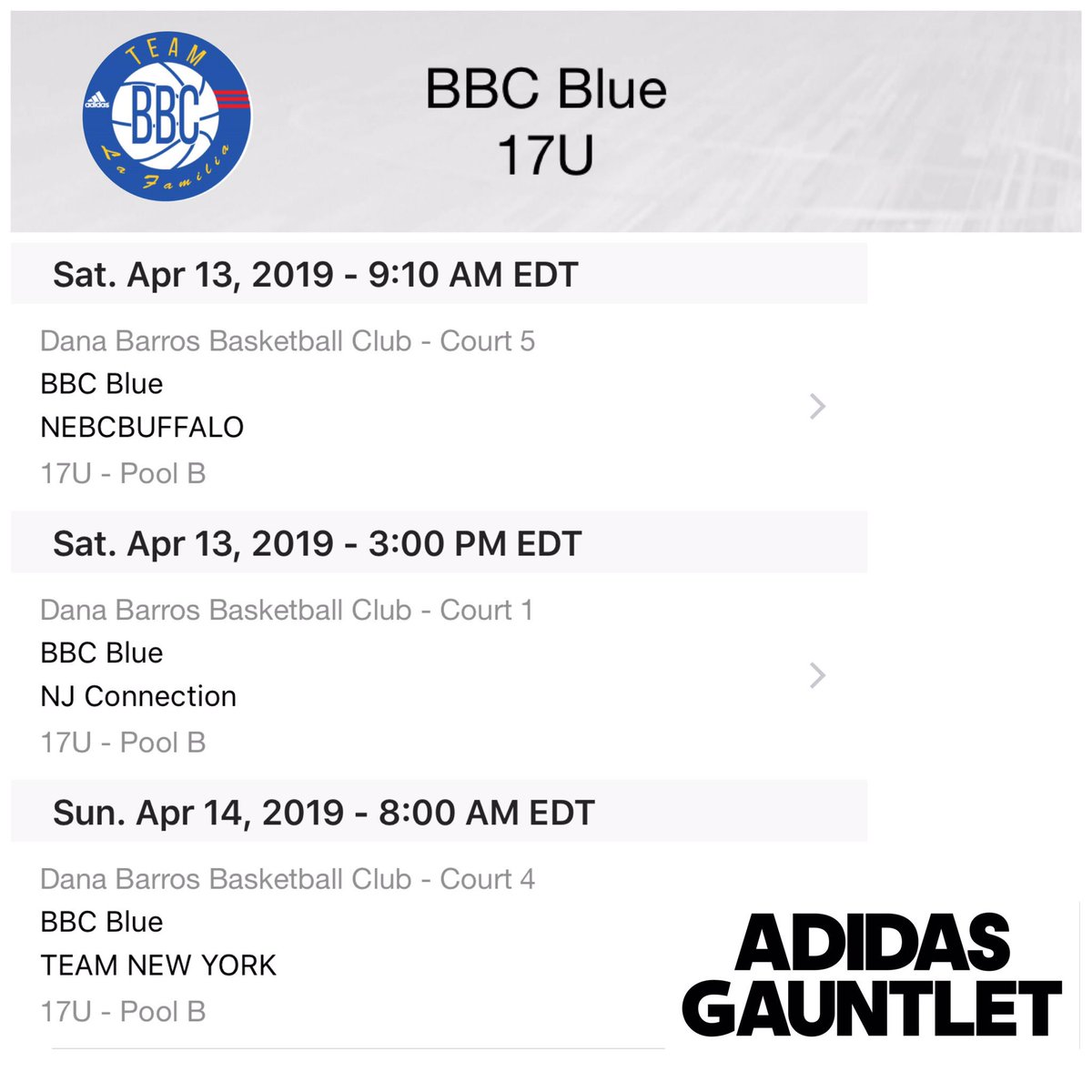 TeamBBC17uBlue's tweet photo. Adidas Gauntlet Regional Qualifiers!

April 12-14, 2019
 
Stroughton, Massachusetts.

Team BBC 17u Blue 🔵 Schedule

Challenging Student Athletes- Maximizing Potential.

#EmbraceTheGrind #EmbraceTheStage #Lafamilia https://t.co/19VfTlQ9wl