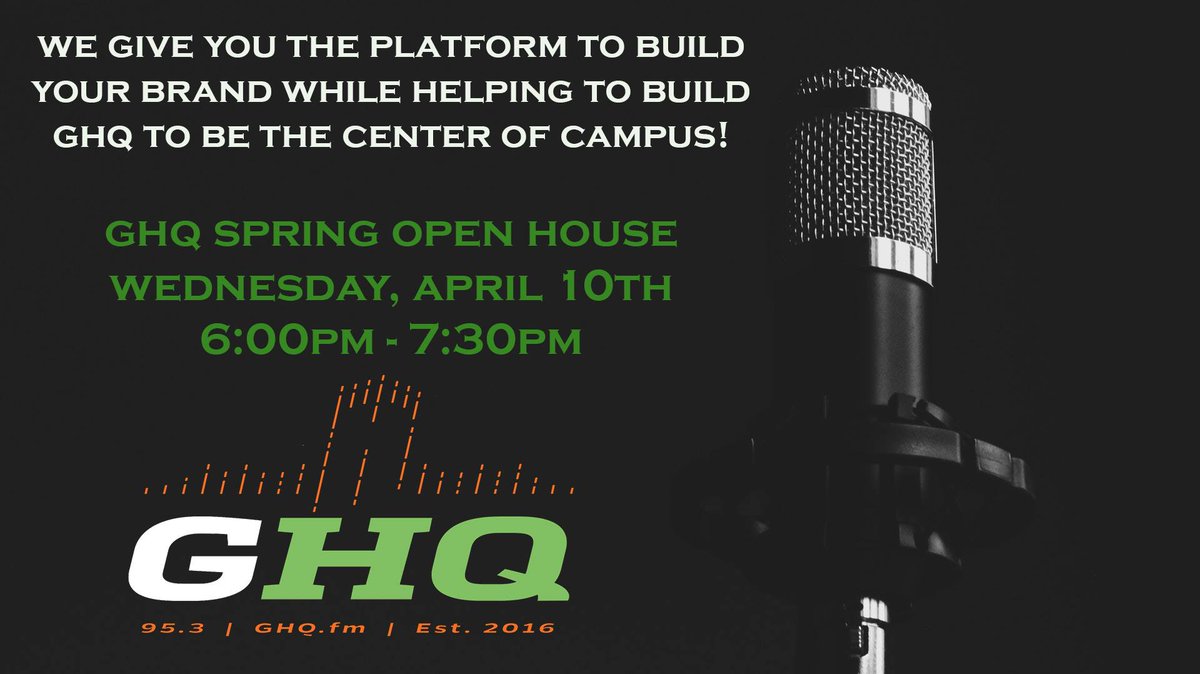 .<a href="/GHQfm/">GHQ</a> is holding their OPEN HOUSE this Wednesday, 4/10, from 6-7:30p in the street side studio of Weimer Hall! If you've ever dreamed of getting on the air, come out and learn more about the fastest growing immersion experience at the <a href="/UFJSchool/">UF College of Journalism and Communications</a>