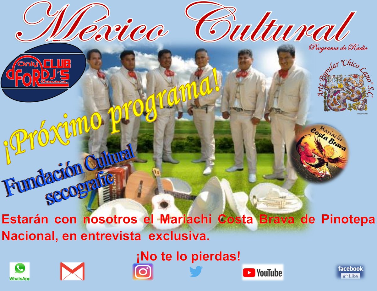 MexicoCulturalO's tweet photo. En nuestro próximo programa...
#mexicocultural #marichicostabrava #mariachi #musicavernacula #costachica #pinotepanacional #oaxacamexico #musicos #musicamexicana #pasionxlamusica #pasionporlamusica #pasionpormexico #pasionxmexico https://t.co/TFDiFhfDT8