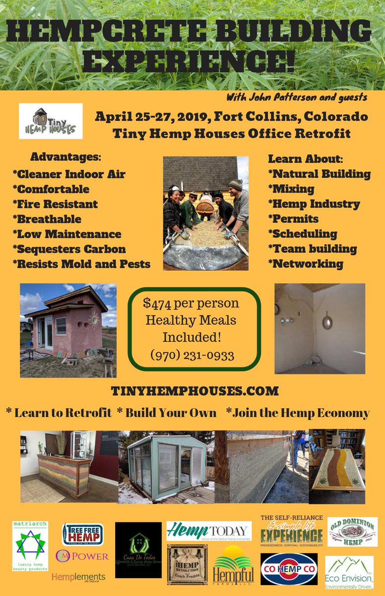 Only a few places left in this limited HempCrete Building Experience. Join us for an exciting weekend of Hemp Fun, Hemp Food and Hemp Building in Fort Collins, CO sign up at tinyhemphouses.com