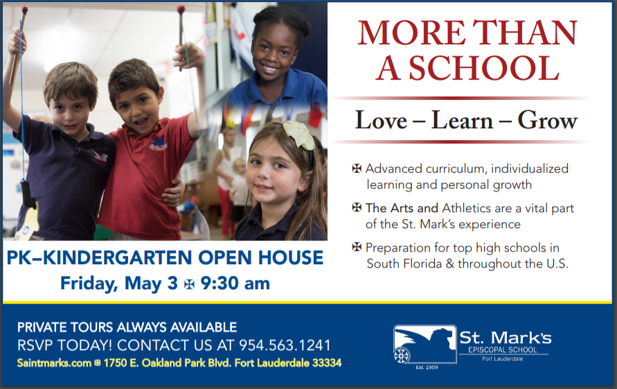 You are invited to St. Mark's Episcopal School's PK-Kindergarten Open House on Friday, May 3 at 9:30am. Come see why we are one of the top private schools in South Florida! We are still enrolling students for the 19-20 school year!