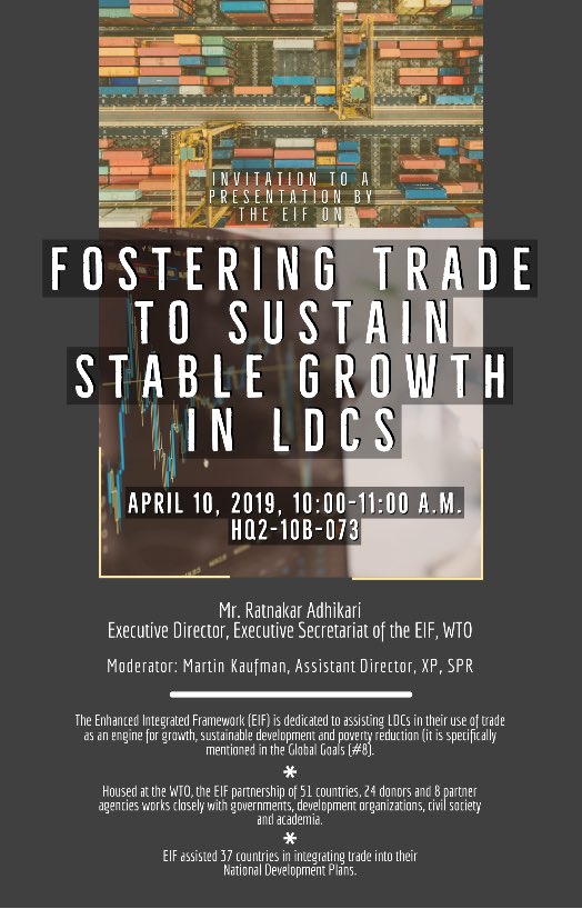 Look forward to presenting ideas on how #InclusiveTrade can empower #LDCs to achieve twin goals of sustainable growth and poverty reduction and how ⁦@IMFNews⁩ and ⁦@EIF4LDCs⁩ can work together to contribute these shared goals ⁦@violetabehar⁩ ⁦@wto⁩