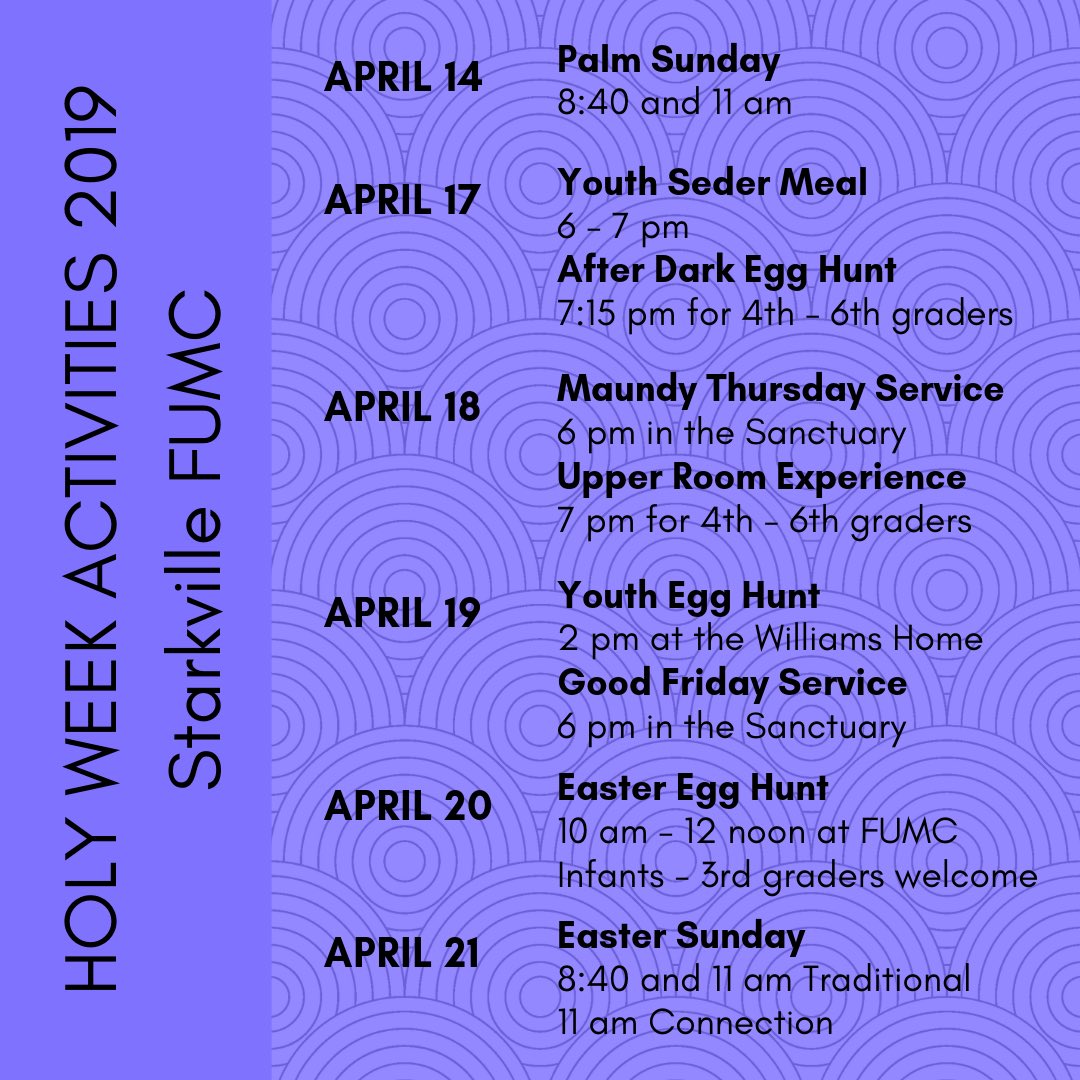 connection_umc's tweet photo. Check out FUMC’s Schedule of Holy Week Activities! We have lots of fun family events, as well as, services to spiritually prepare you for Easter. https://t.co/QJTWj2FoIn