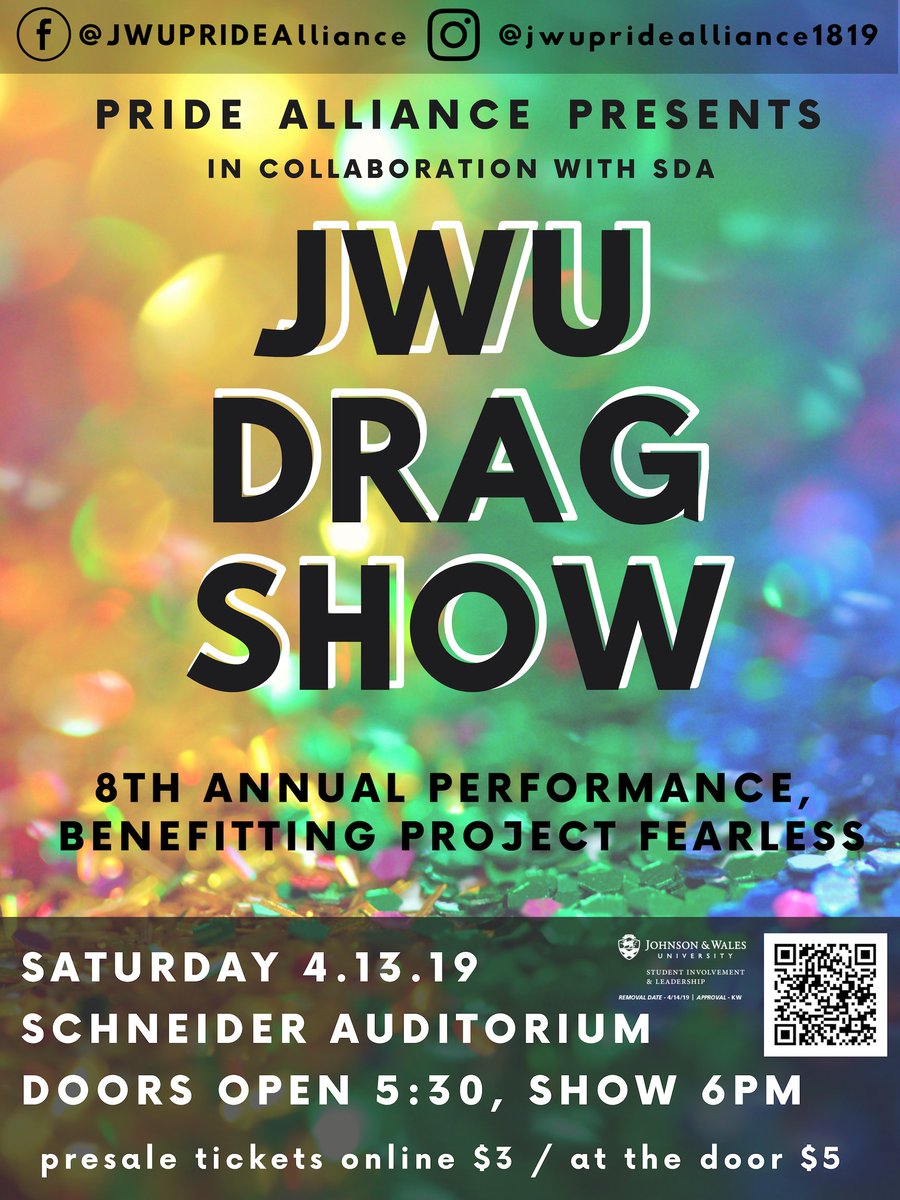 JWUPVDInvolved's tweet photo. Join Pride Alliance at the 8th annual Drag Show! It's going to be a night of fun and entertainment with JWU student performers. Money from ticket sales will go to Project Fearless, a local charity dedicated to the mental health of LGBTQ people #InvolvedAtJWU https://t.co/vq66EhrMqZ